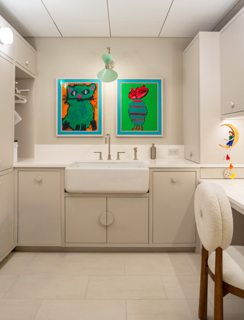 HOBI- Custom Laundry Room with sewing center customized with spool drawer and button hardware