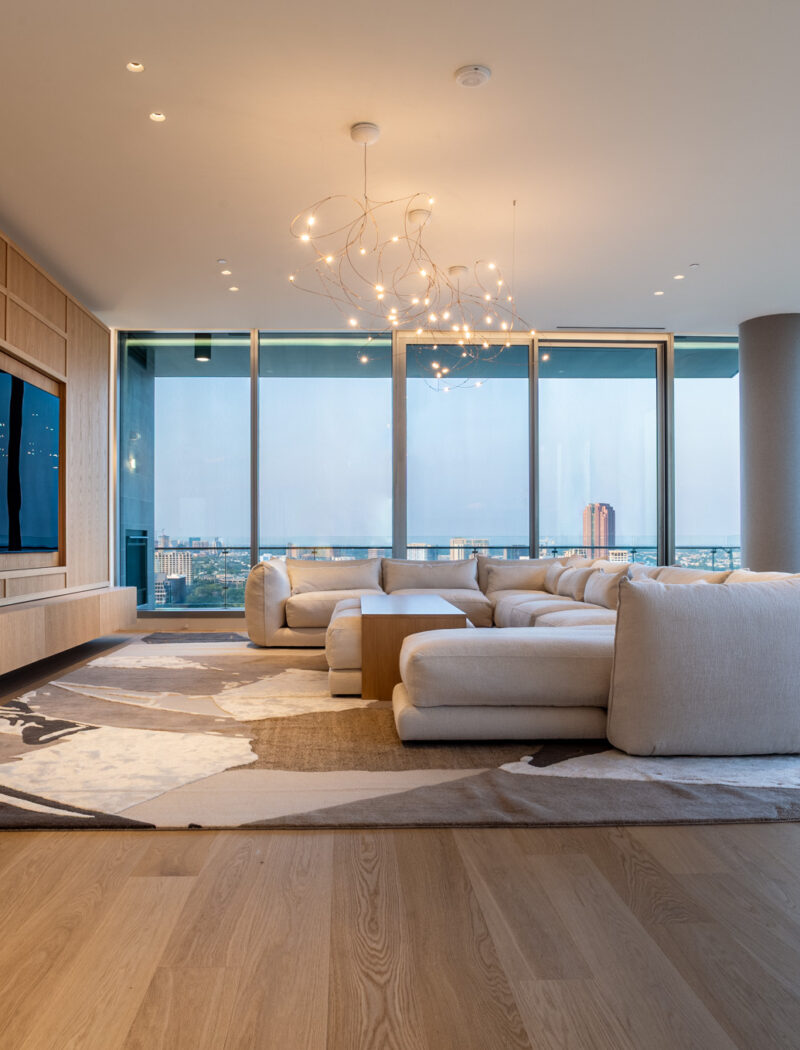 HOBI-Family Room with Custom Built -in TV Cabinet with bench storage and firefly lights above