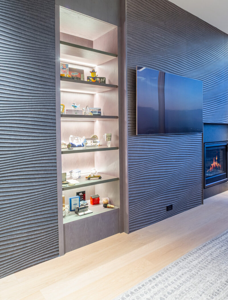 HOBI- His Office with custom financial tombstone cabinet and 3D tile wall