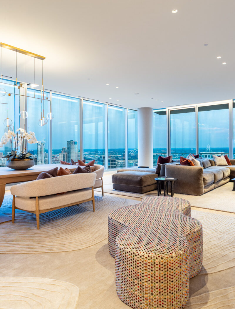 HOBI-Living Room with 8’ Stellar linear gas fireplace with custom bench and mantle